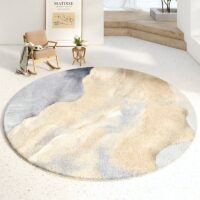 Grand tapis rond design beige et tons bleutés MONANGA