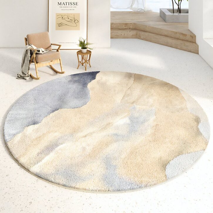 Grand tapis rond design beige et tons bleutés MONANGA