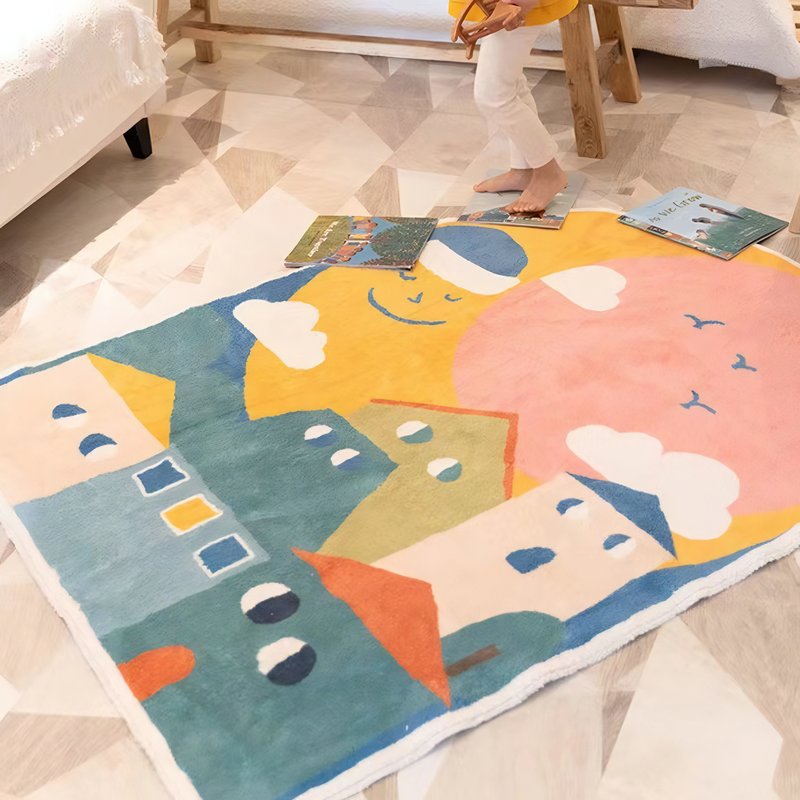 Tapis bébé coloré maisons abstraites avec soleil ou lune BERBEA