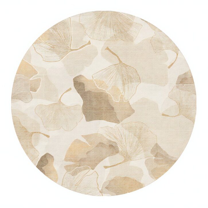 Tapis beige rond doux avec poils courts motifs naturels et floraux KEDAS