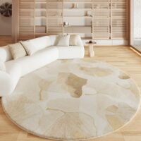 Tapis beige rond doux avec poils courts motifs naturels et floraux KEDAS