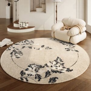 Tapis beige rond motif feuillage poils courts CAMILLE