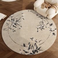 Tapis beige rond motifs floraux poils courts CAMILLE