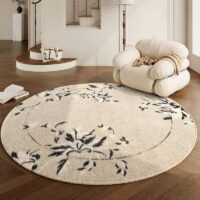 Tapis beige rond motifs floraux poils courts CAMILLE