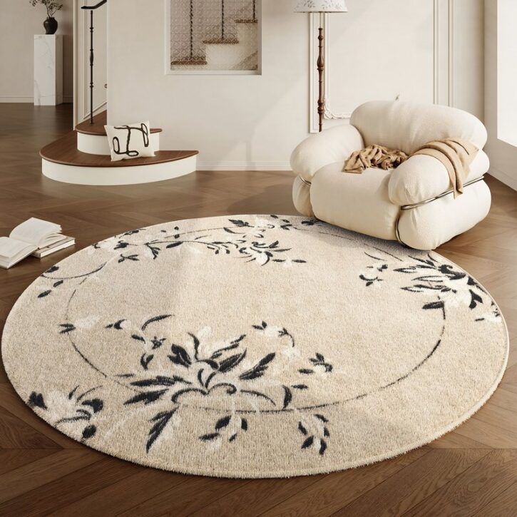 Tapis beige rond motifs floraux poils courts CAMILLE