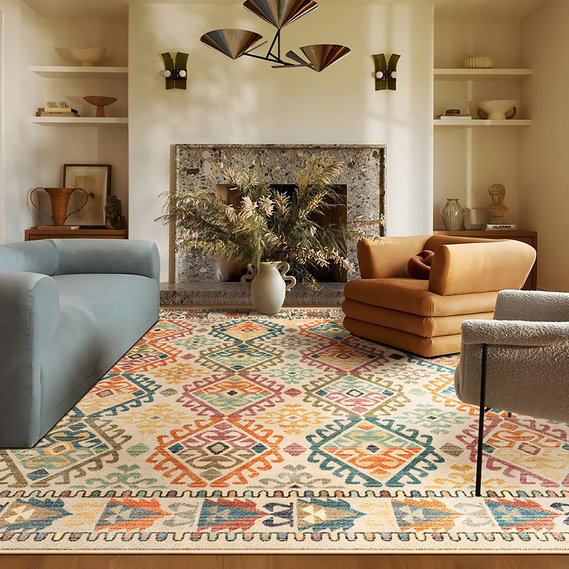 Tapis berbère beige avec motifs multicolores ethniques tendances LANMUI