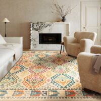 Tapis berbère beige avec motifs multicolores ethniques tendances LANMUI