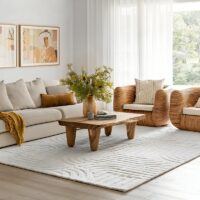 Tapis blanc cassé en laine bohème pour salon et séjour PUXU