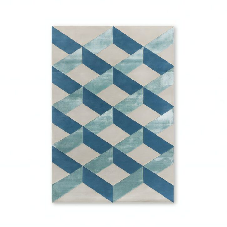 Tapis bleu et beige motifs géométriques en perspective PUXU