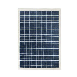 Tapis bleu grille à carreaux avec fond blanc style kilim PUXU