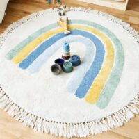 Tapis chambre enfant rond avec arc-en-ciel bleu et froufous KELLY