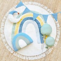Tapis chambre enfant rond avec arc-en-ciel bleu et froufous KELLY