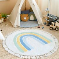 Tapis chambre enfant rond avec arc-en-ciel bleu et froufous KELLY