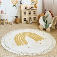 Tapis chambre enfant rond avec arc-en-ciel jaune et froufous KELLY