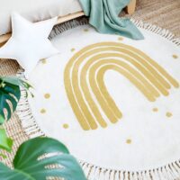 Tapis chambre enfant rond avec arc-en-ciel jaune et froufous KELLY