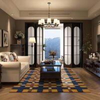 Tapis chambre et salon motifs géométriques jaunes bleus et marrons PUXU