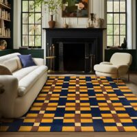 Tapis chambre et salon motifs géométriques jaunes bleus et marrons PUXU