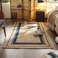 Tapis de couloir jonc de mer et jute rectangulaire avec lignes bleues ETNA
