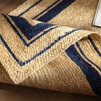 Tapis de couloir jonc de mer et jute rectangulaire avec lignes bleues ETNA