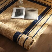 Tapis de couloir jonc de mer et jute rectangulaire avec lignes bleues ETNA