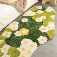 Tapis de fleurs vertes et blanches descente de lit BIONCA