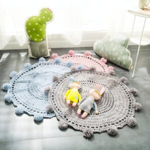 Tapis en laine synthétique tricoté rond avec pompons de décoration KRICHI