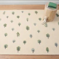Tapis enfant chambre confortable pour jeu beige avec motifs arbres PUXU