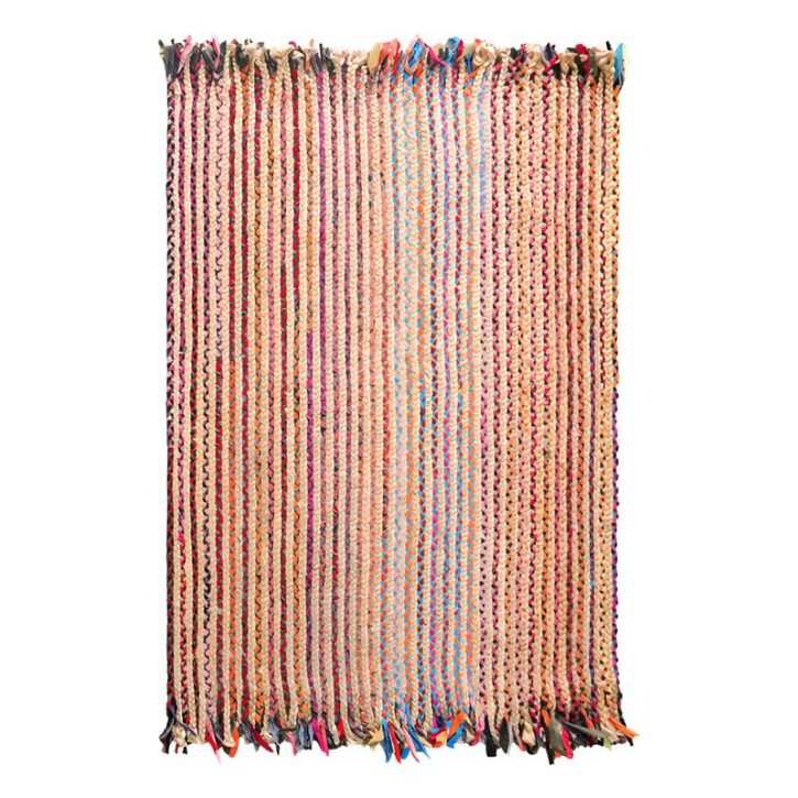 Tapis jonc de mer et jute coloré multicolore de décoration bohème chic avec froufrous