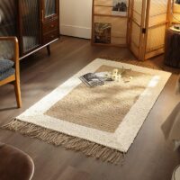 Tapis jonc de mer et jute rectangulaire beige et marron avec froufous ETNA