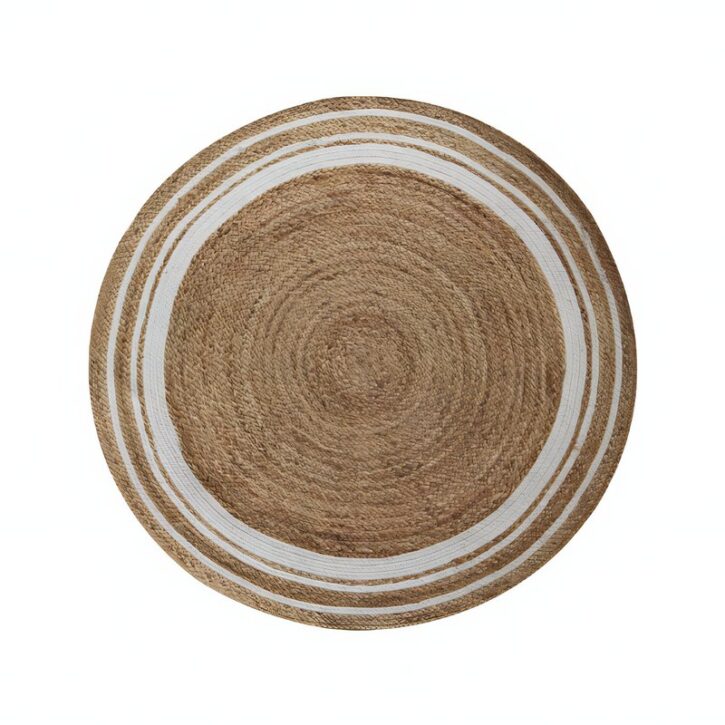 Tapis jute Indien tissé à la main cercle avec bandes blanches FANG
