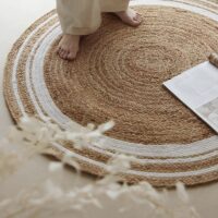 Tapis jute Indien tissé à la main cercle avec bandes blanches FANG