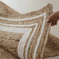 Tapis jute Indien tissé à la main rectangulaire avec bandes blanches FANG