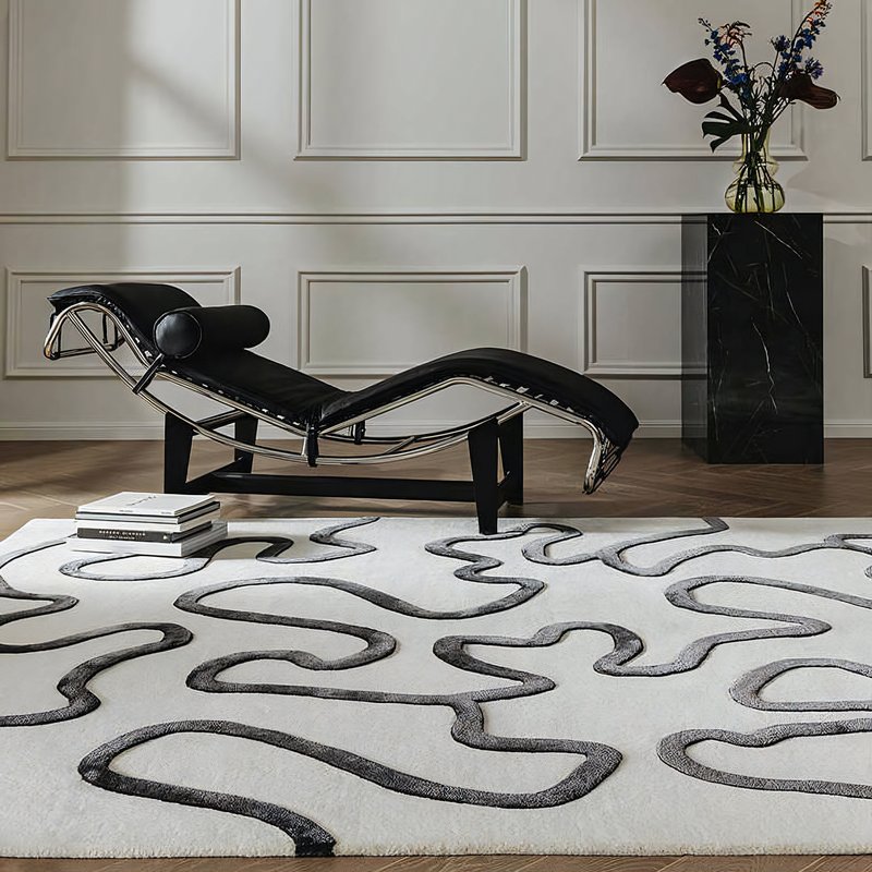 Tapis noir et blanc cassé rectangulaire motifs abstraits lignes entrelacées PUXU