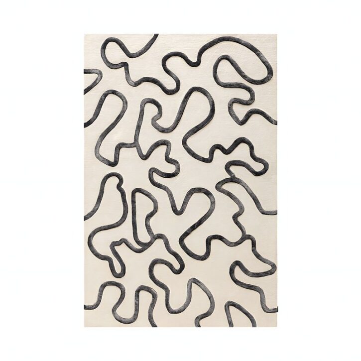 Tapis noir et blanc cassé rectangulaire motifs abstraits lignes entrelacées PUXU