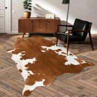 Tapis peau de vache vegan lavable en machine marron et blanc