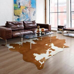 Tapis peau de vache vegan lavable en machine marron et blanc