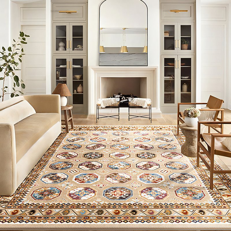 Tapis persan beige avec motifs colorés ethniques LANMUI