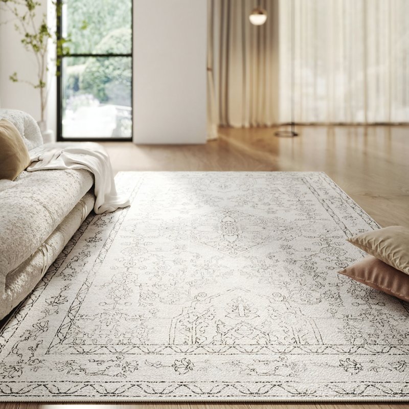 Tapis persan blanc cassé traditionnel style ethnique rectangulaire PEACE