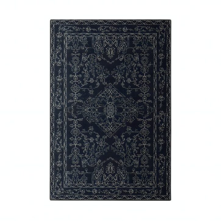 Tapis persan noir traditionnel style ethnique rectangulaire PEACE