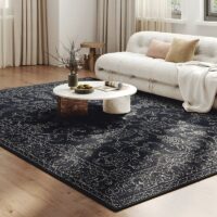 Tapis persan noir traditionnel style ethnique rectangulaire PEACE