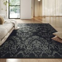Tapis persan noir traditionnel style ethnique rectangulaire PEACE