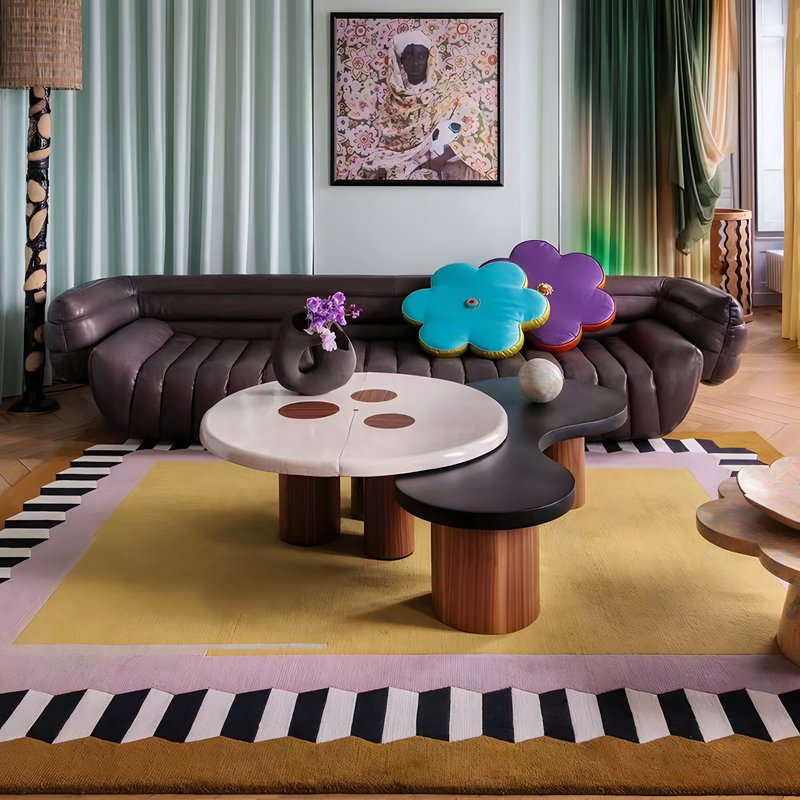 Tapis rectangulaire jaune moderne et abstrait pour salon bords marrons ARTO DESIGN