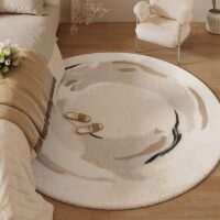 Tapis rond beige avec motifs abstraits pour salon et chambre CAMILLE