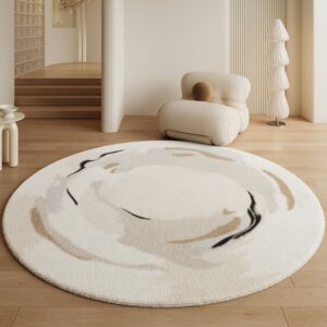 Tapis rond beige avec motifs abstraits pour salon et chambre CAMILLE