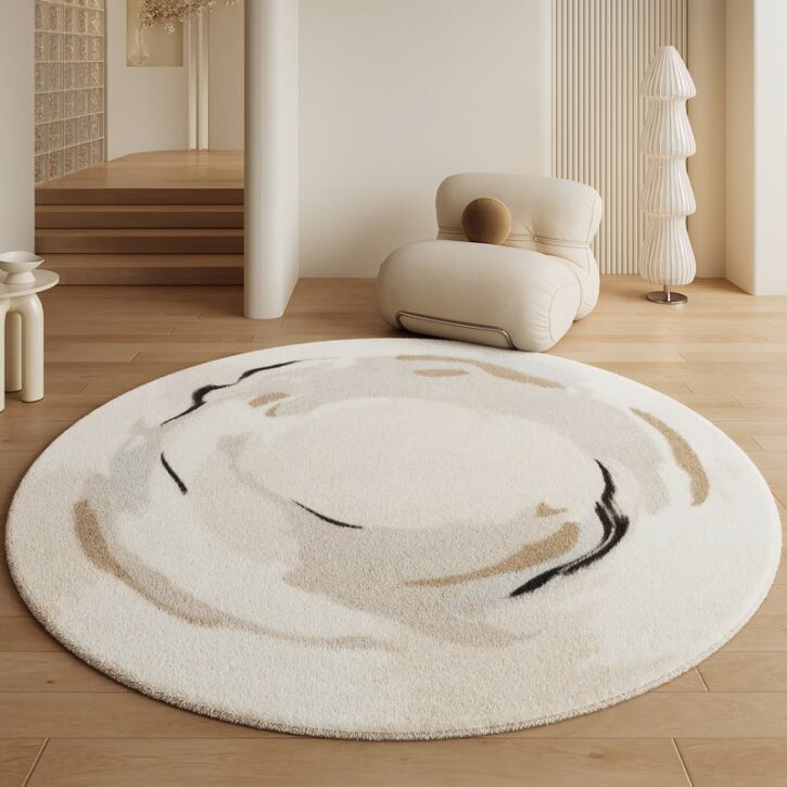 Tapis rond beige avec motifs abstraits pour salon et chambre CAMILLE