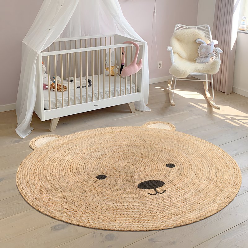 Tapis rond en jute naturel tressé pour enfant modèle ours