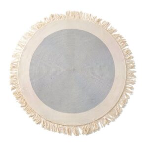 Tapis rond gris et beige avec pompons en coton et lin ETNA