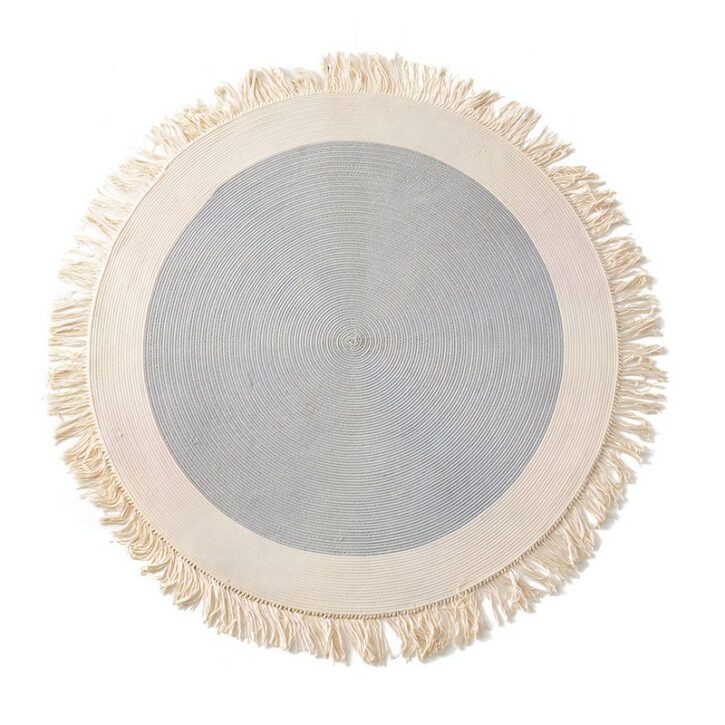 Tapis rond gris et beige avec pompons en coton et lin ETNA