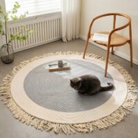 Tapis rond gris et beige avec pompons en coton et lin ETNA