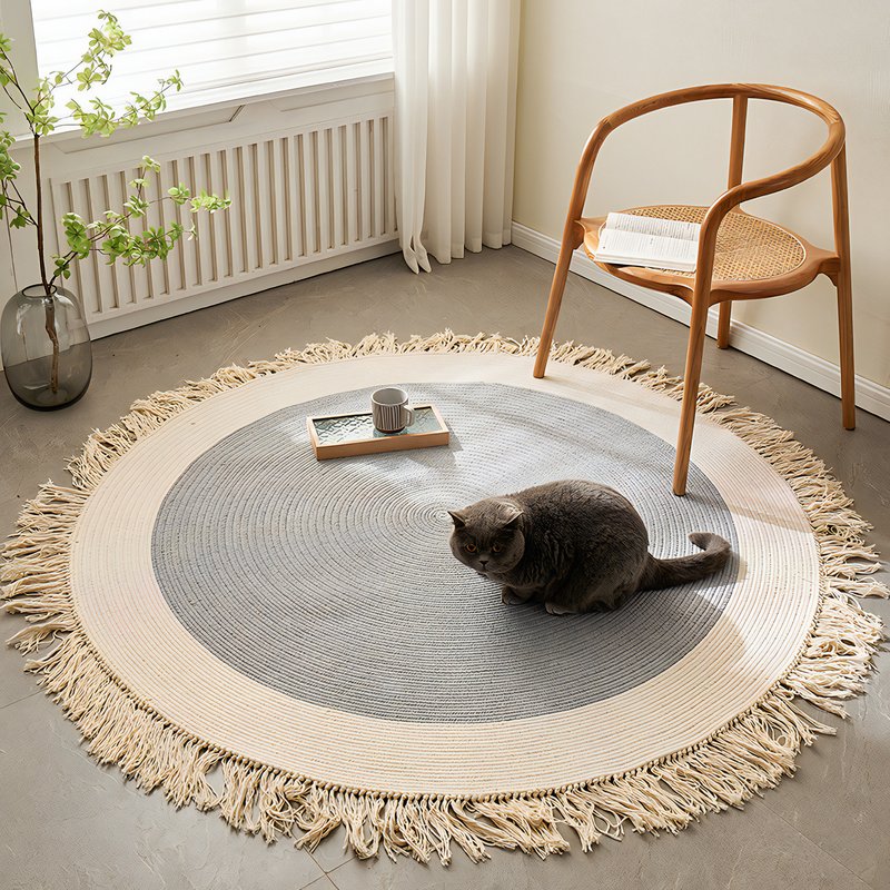 Tapis rond gris et beige avec pompons en coton et lin ETNA